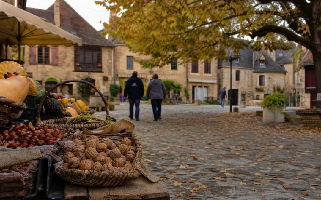 Étal de noix et de produits d’automne sur une place de village en pierre, avec des passants au loin.