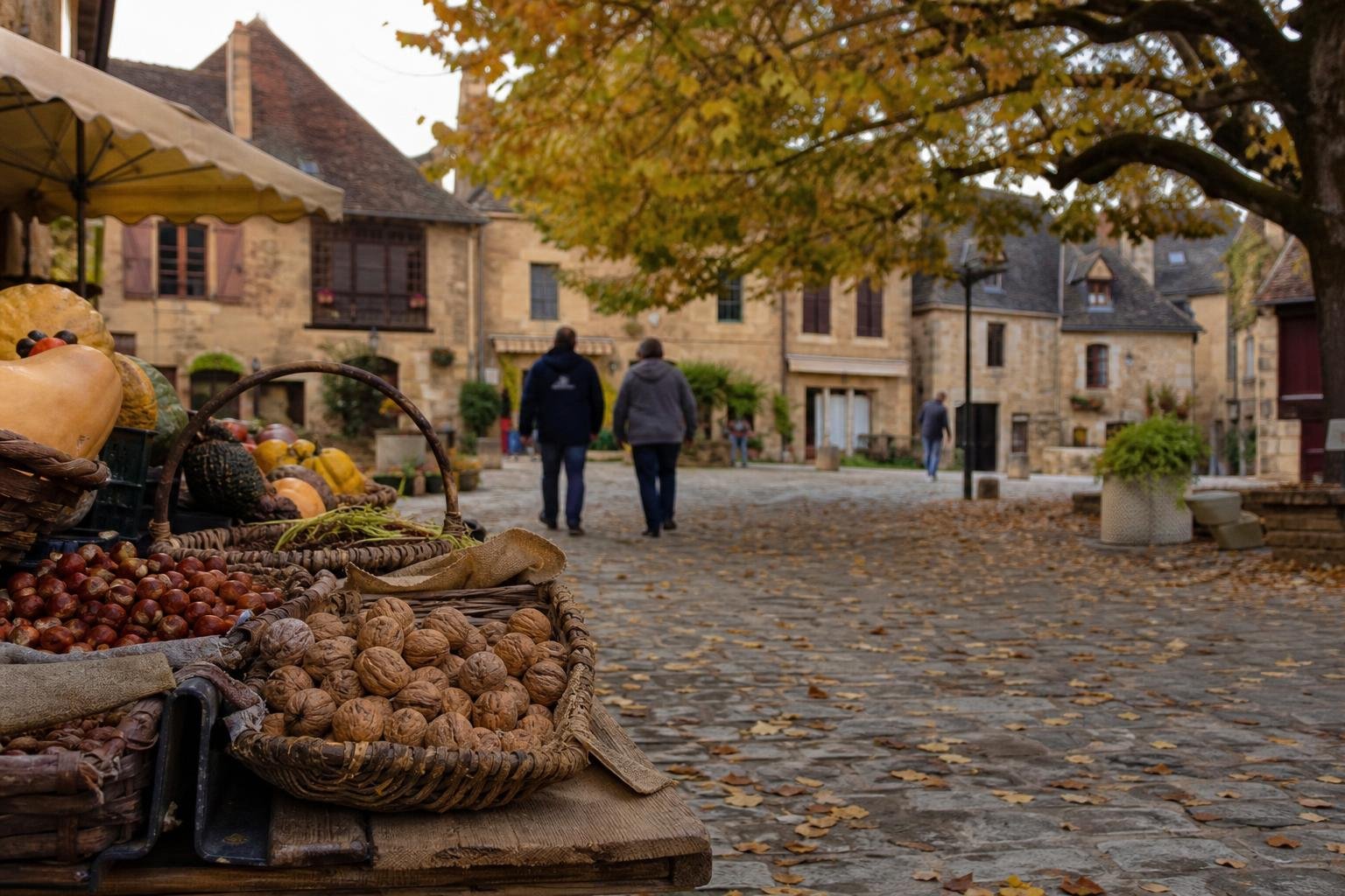 Étal de noix et de produits d’automne sur une place de village en pierre, avec des passants au loin.