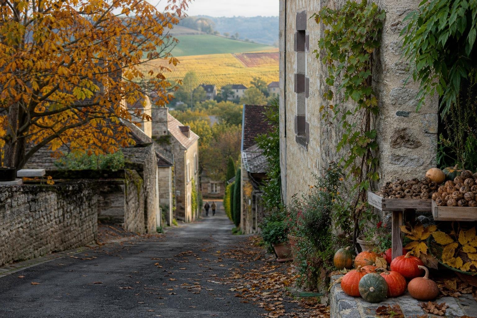 À ne pas manquer autour de Bergerac du 27 octobre au 2 novembre Étal de noix et de courges dans une rue de village aux couleurs d’automne.